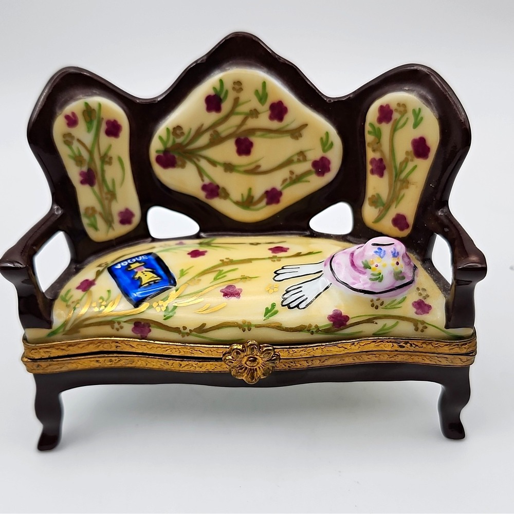 Limoges France Hand Painted Settee Sofa Vogue Magazine Hat Trinket Box Vintage